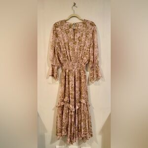 MISA Los Angeles Pink Paisley Ruffle Midi Dress Smocked Waist, Large